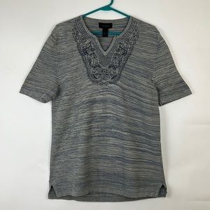 EXPRESS women’s short sleeve navy blue embroidered chest on heathered bl…